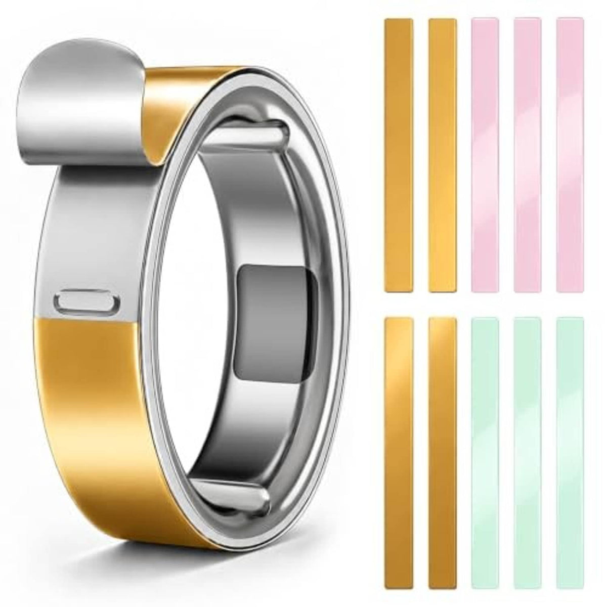 Gold and silver Oura ring skin cover with four gold, pink, and mint film strips