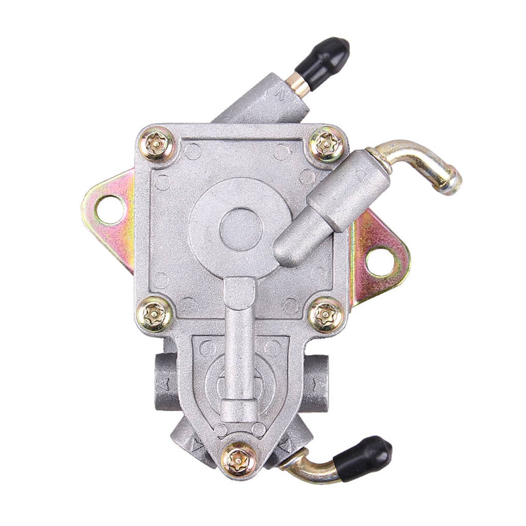Fuel pump assembly with silver housing, black cap hoses, and mounting bracket screws