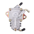Fuel pump assembly with silver housing, black cap hoses, and mounting bracket screws