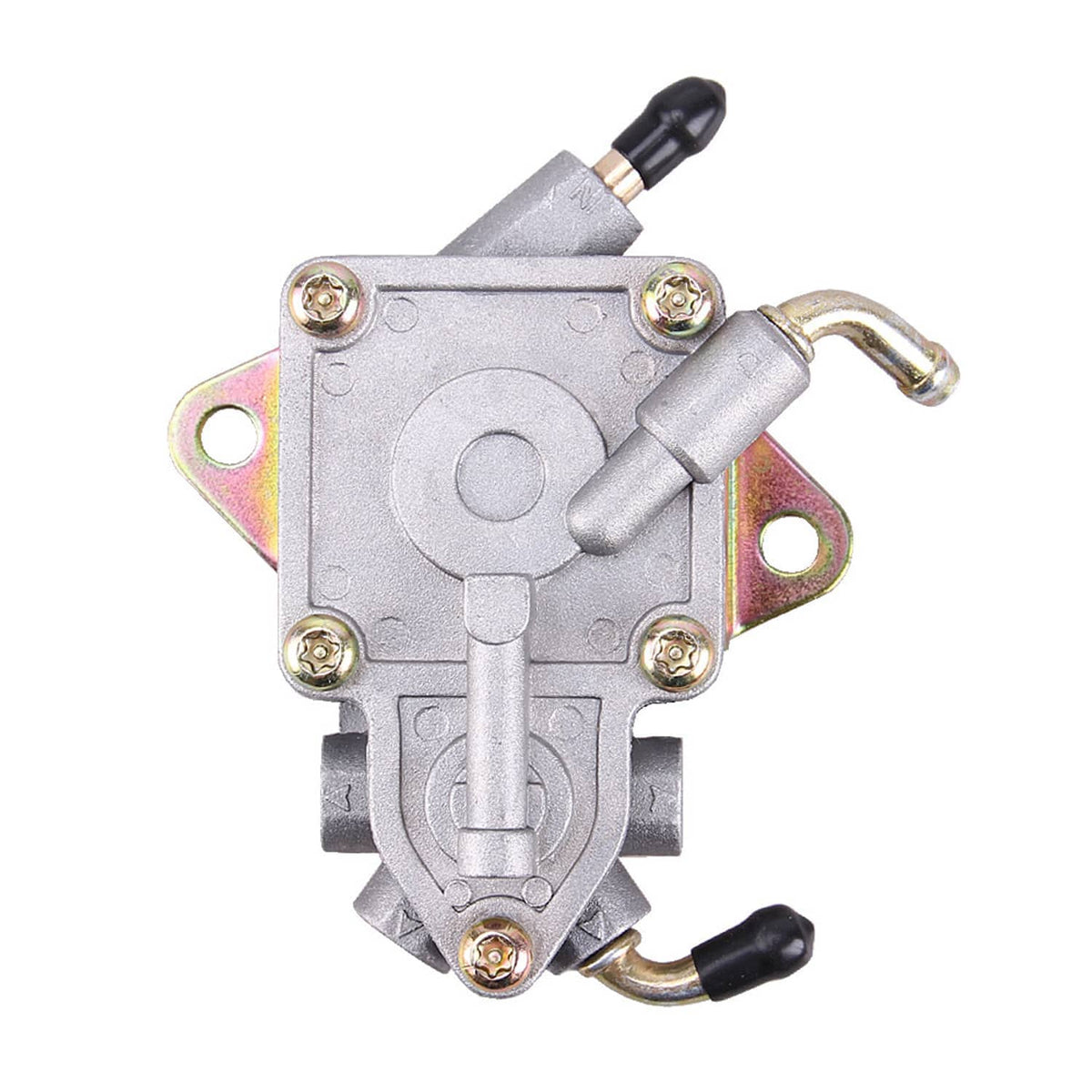 Fuel pump assembly with silver housing, black cap hoses, and mounting bracket screws