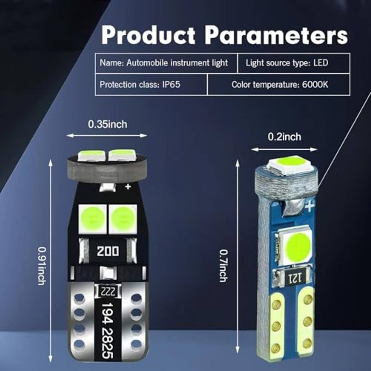 Two LED instrument bulbs with lime green chips on metal bases with socket ends