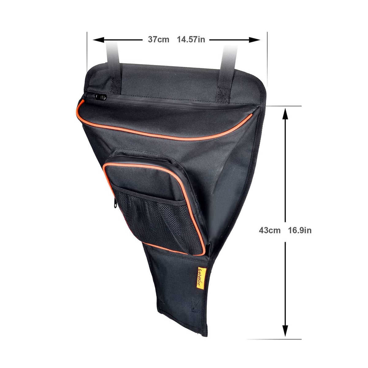 Triangular center seat bag in black with orange piping and front mesh storage pocket
