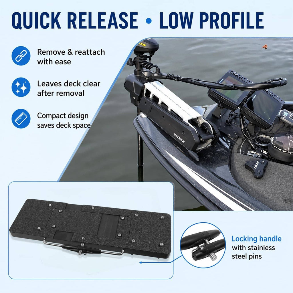 Black quick-release low-profile bracket installed on trolling motor deck