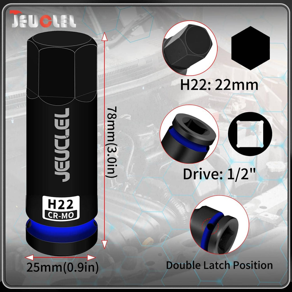 Black 22mm hex impact socket with blue ring, with size callouts and 1/2-inch drive