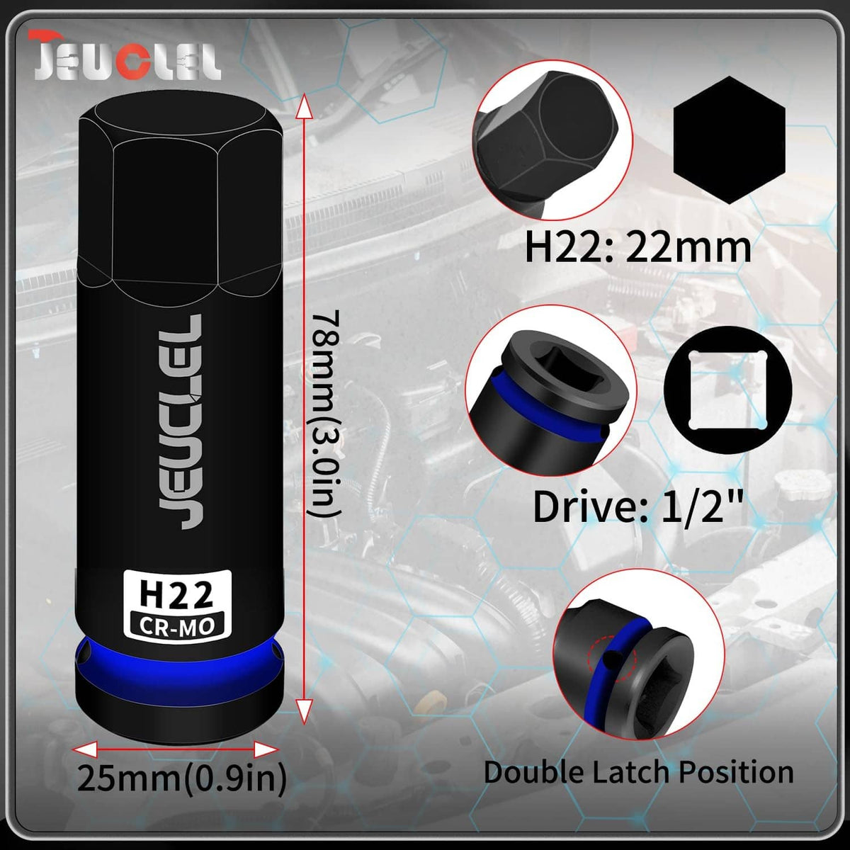 Black 22mm hex impact socket with blue ring, with size callouts and 1/2-inch drive