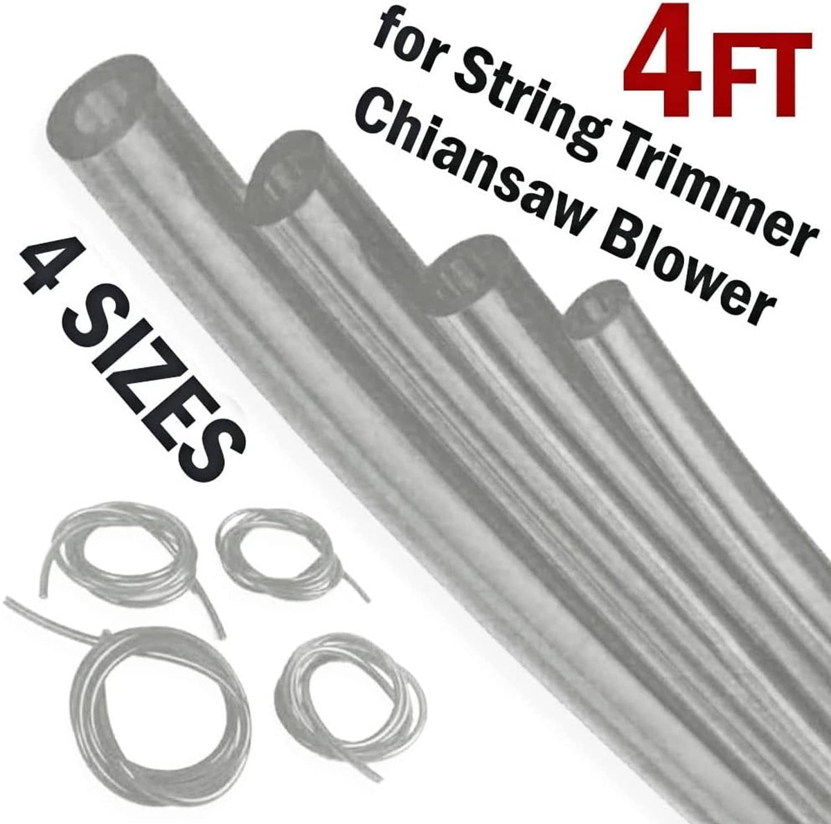 Transparent fuel line hose tubing with four sizes and coiled spare lengths