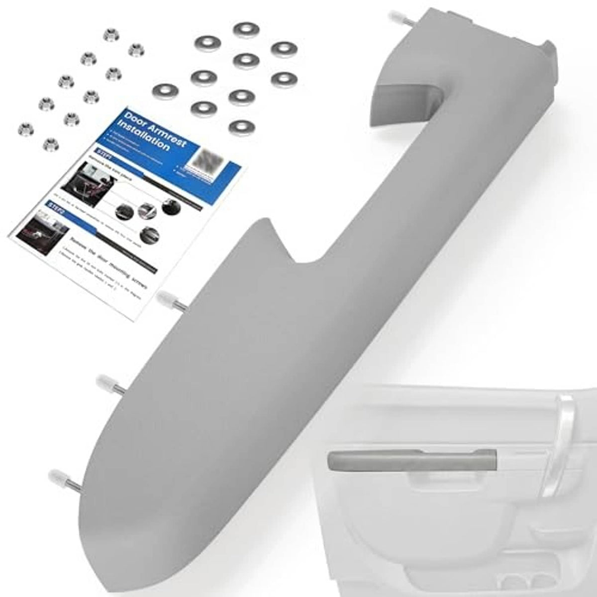 Gray driver-side armrest repair part with screw kit and instruction sheet