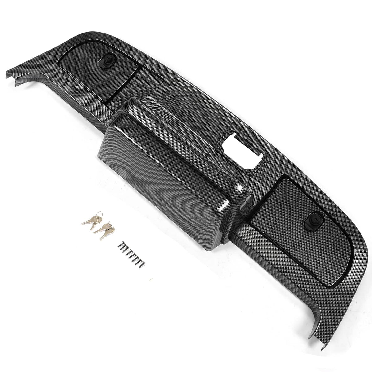 Carbon-fiber style dash cover with underside mounting features and hardware pieces