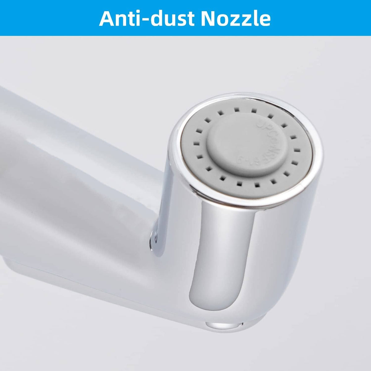 Chrome side sprayer nozzle with round spray face and multiple outlet holes