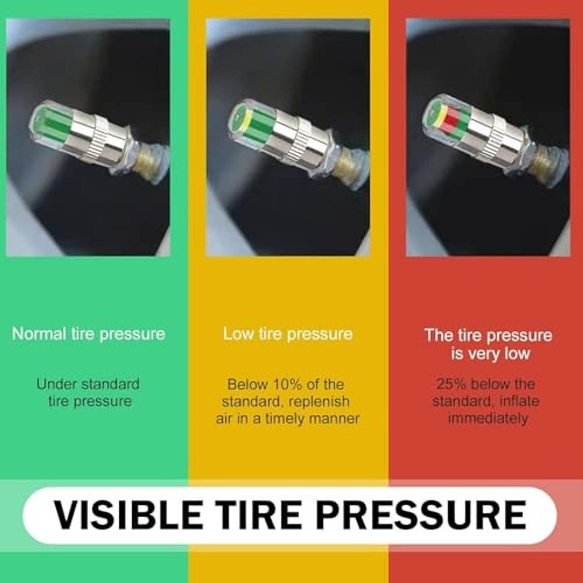 Tire valve stem cap showing clear window with green, yellow, and red pressure indicators