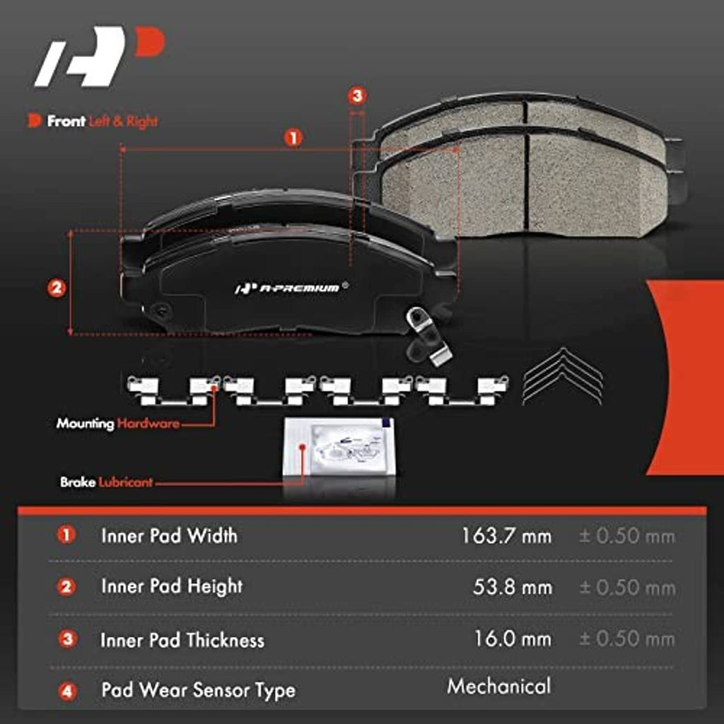 Front brake pads set with measurement diagram and included hardware components