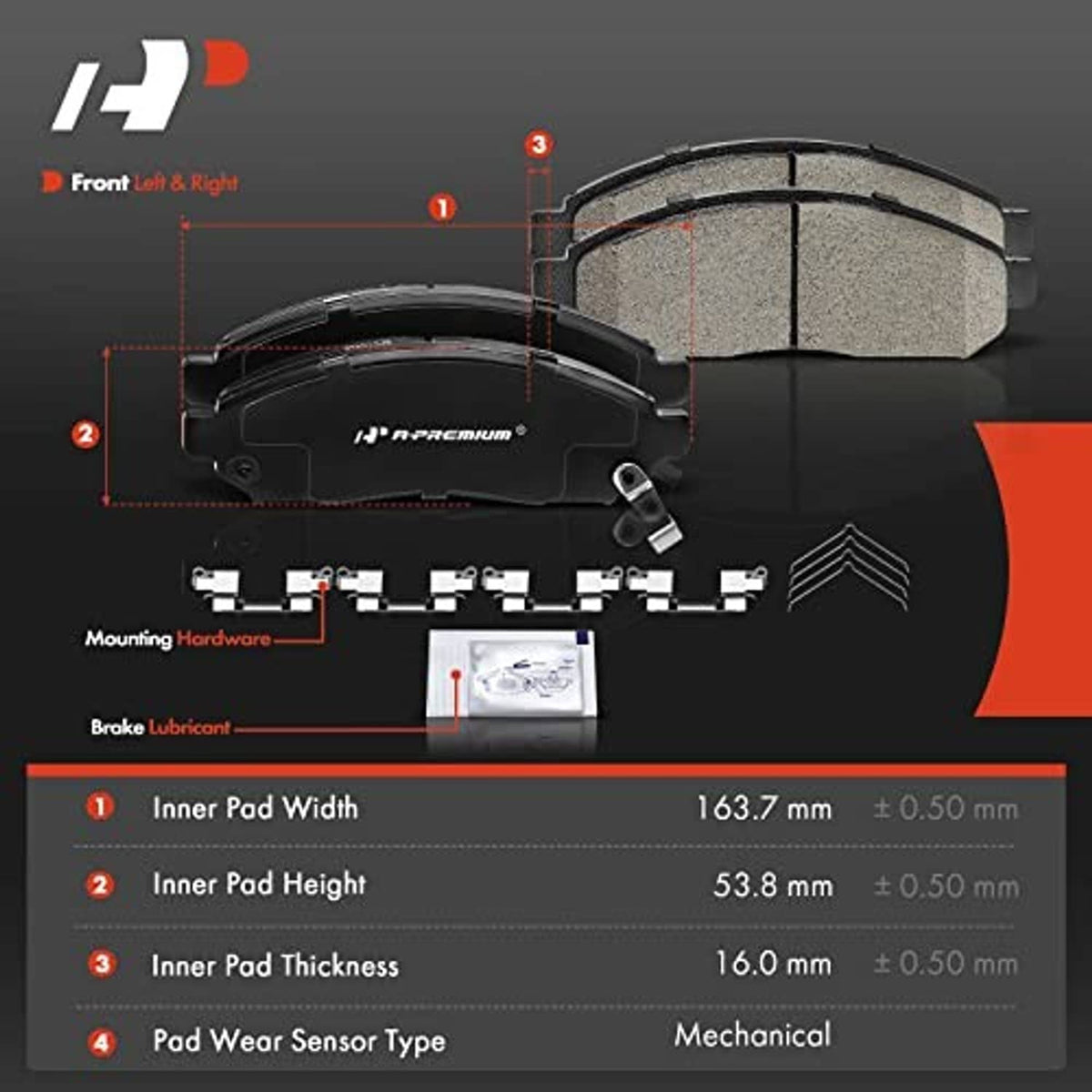 Front brake pads set with measurement diagram and included hardware components