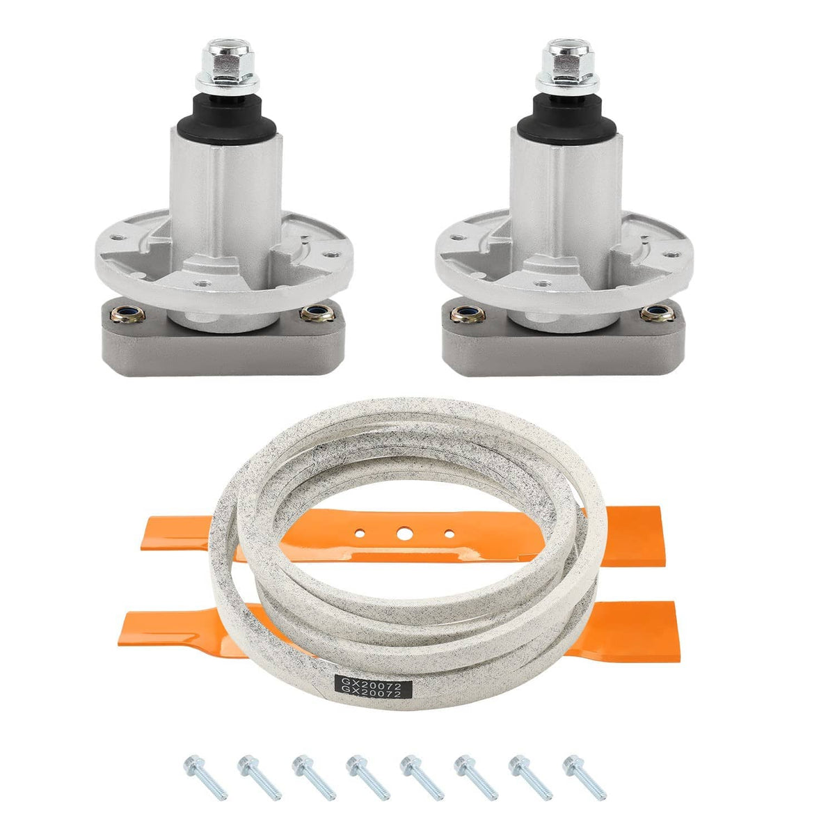 Mower spindle kit with two spindles, gray belt, two orange blades, and multiple mounting screws.