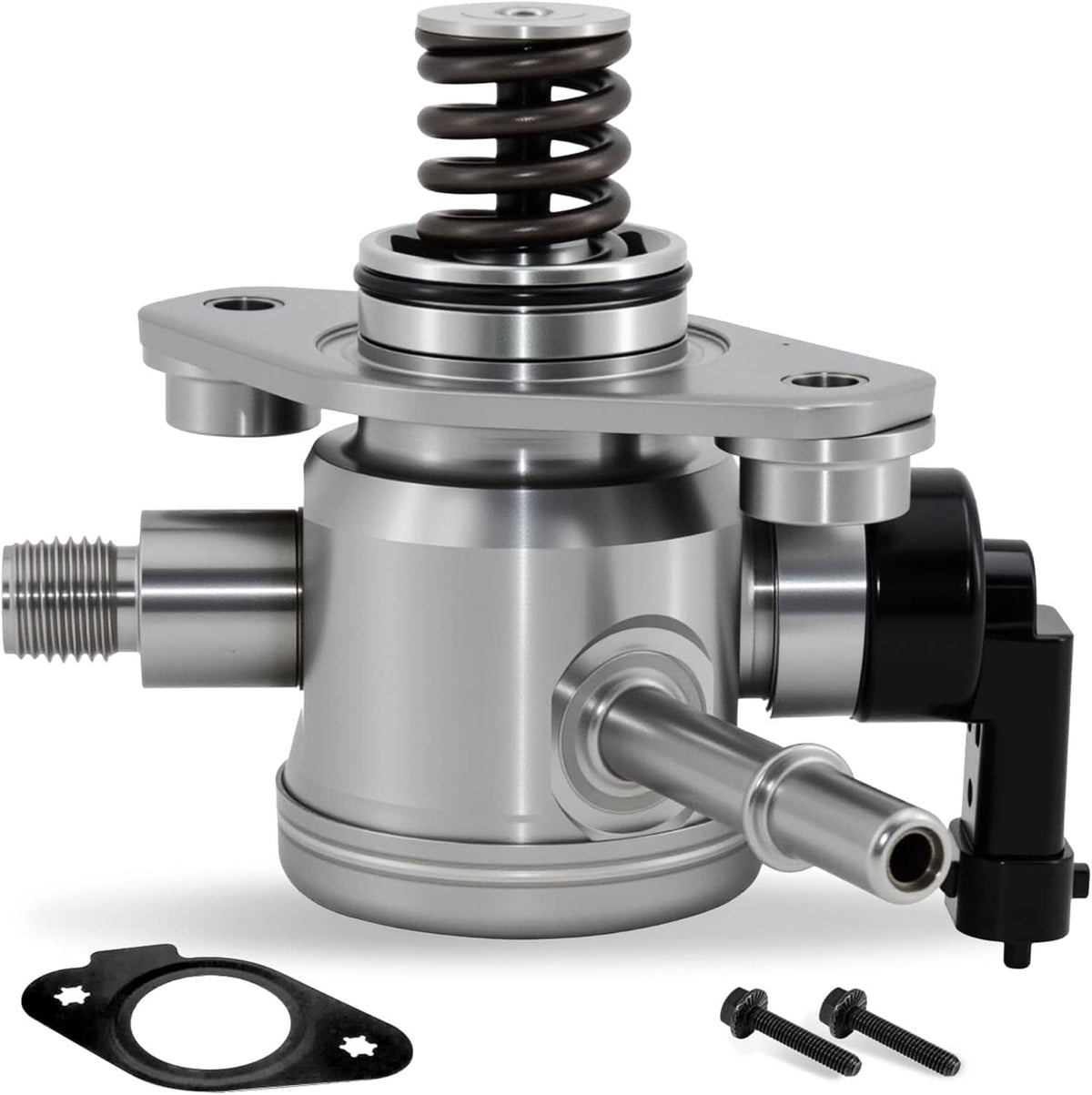Fuel pump assembly with coil spring, silver body, and side outlet fitting