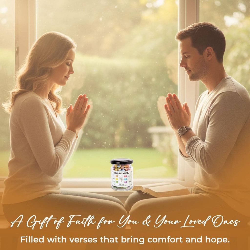 Prayer verse jar with black lid on table, 'Read Me When' label with cross icons