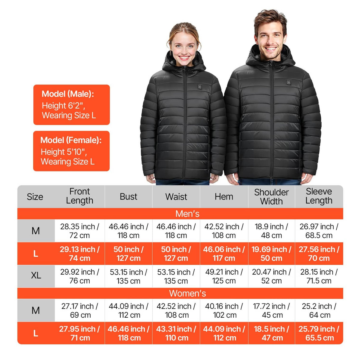 Uimoso heated jacket size chart with models and women’s measurement table