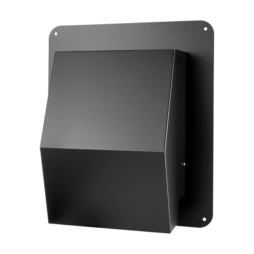 Black metal hooded wall vent cover with rectangular panel, side opening, and mounting holes