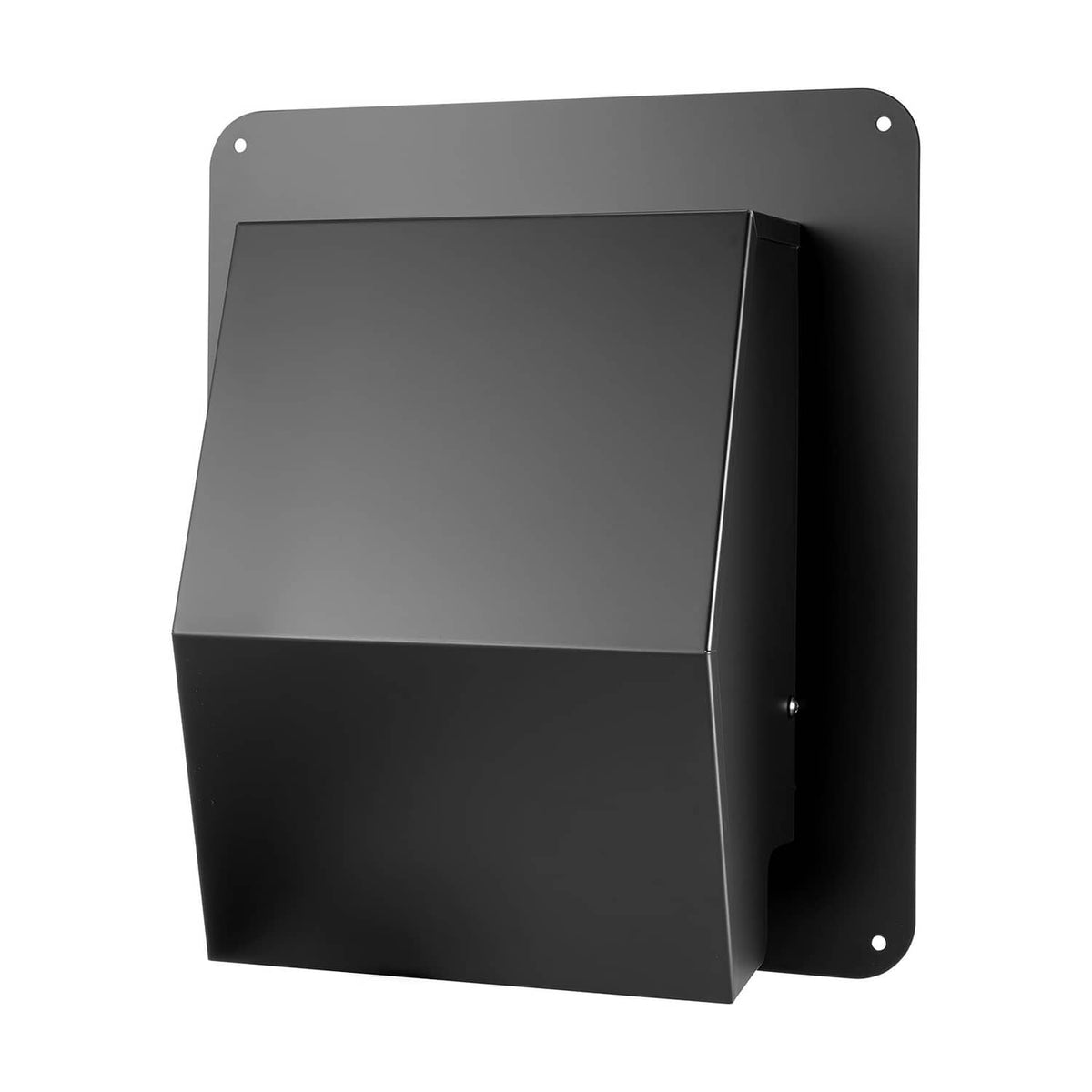 Black metal hooded wall vent cover with rectangular panel, side opening, and mounting holes