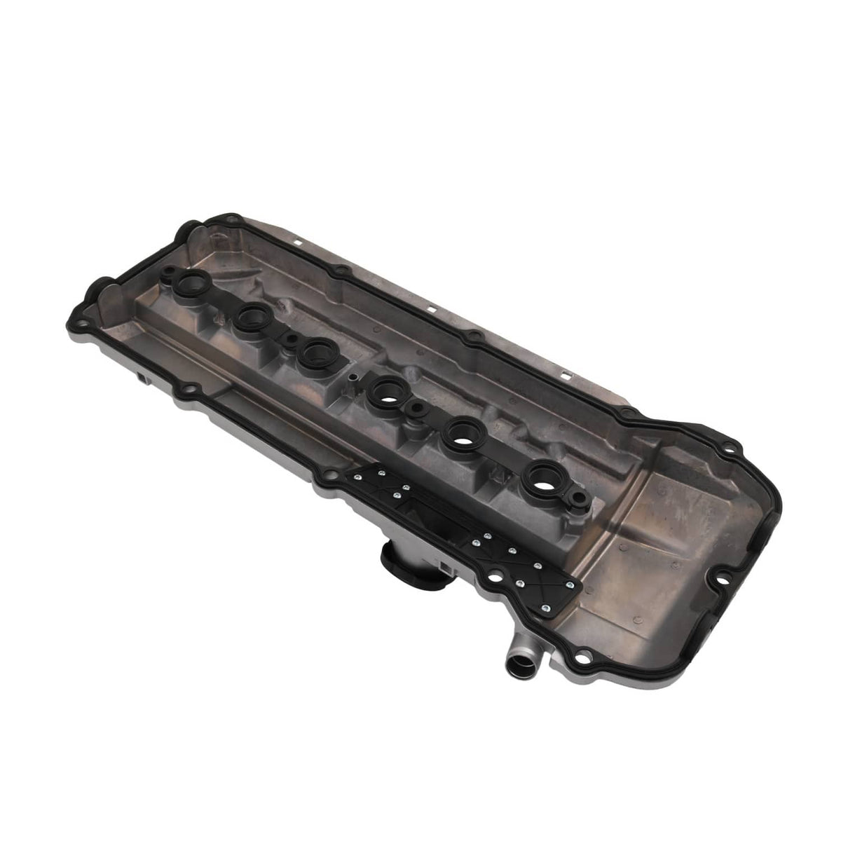 Aluminum valve cover underside with oil channels and circular port openings