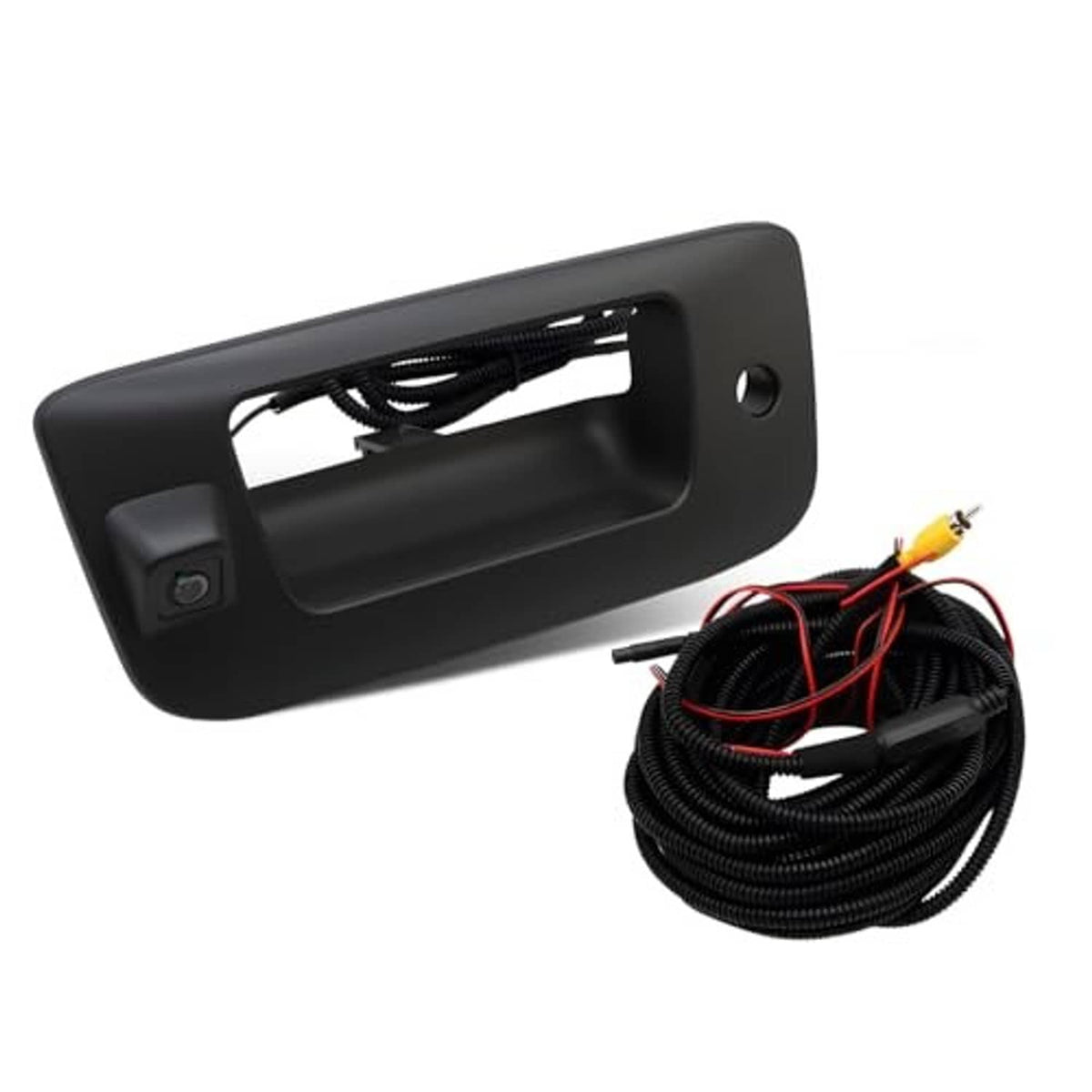 Tailgate handle backup camera kit with bundled cable wiring, black housing