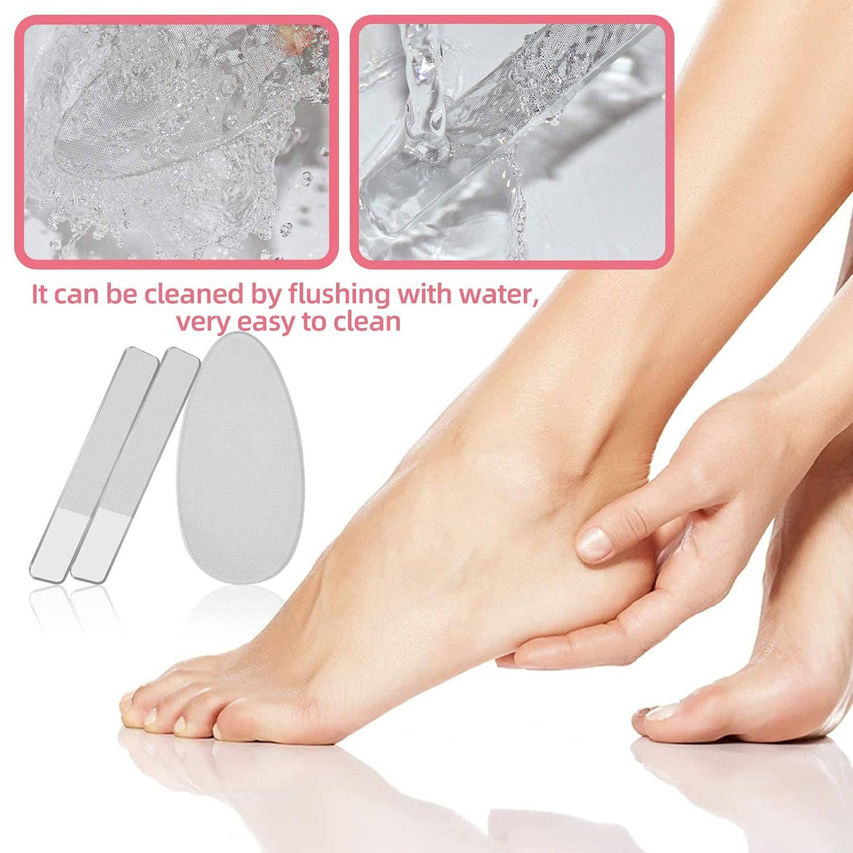 Nano glass nail and foot files beside a foot, shown being rinsed clean