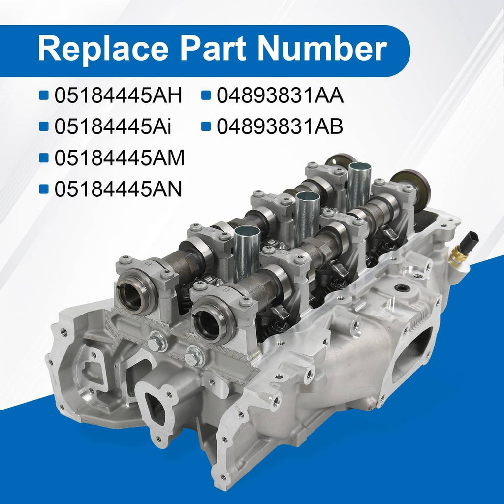 Cylinder head assembly with camshafts, silver engine part with black valve train details