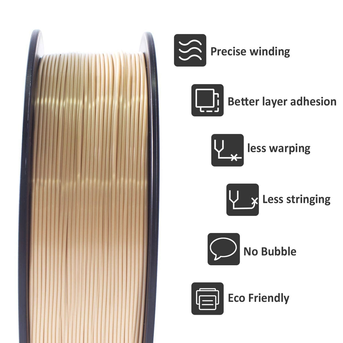 Bone white PLA filament spool with icons: precise winding, better layer adhesion