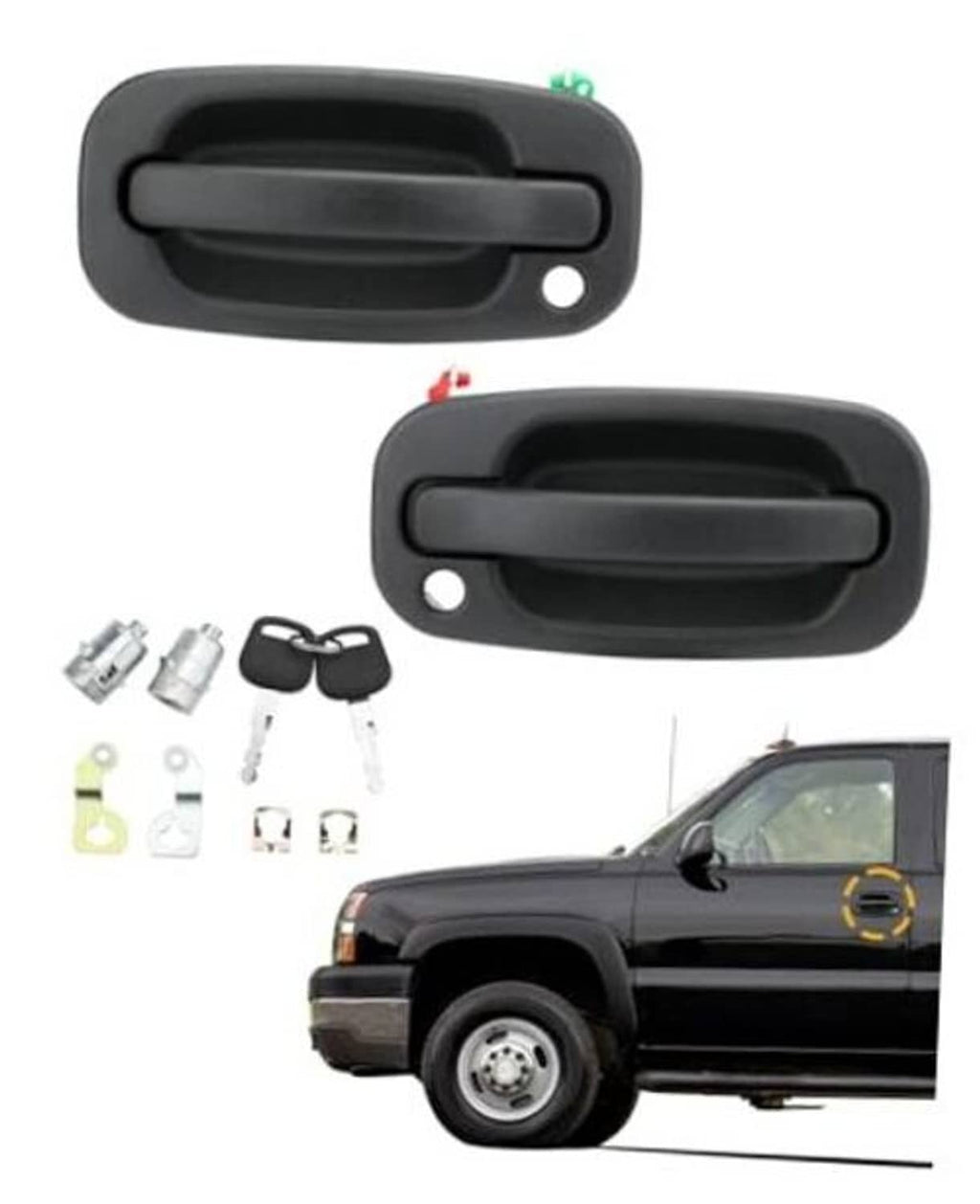 Pair of dark gray exterior door handles with lock cylinder, keys, and mounting hardware
