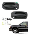 Pair of dark gray exterior door handles with lock cylinder, keys, and mounting hardware