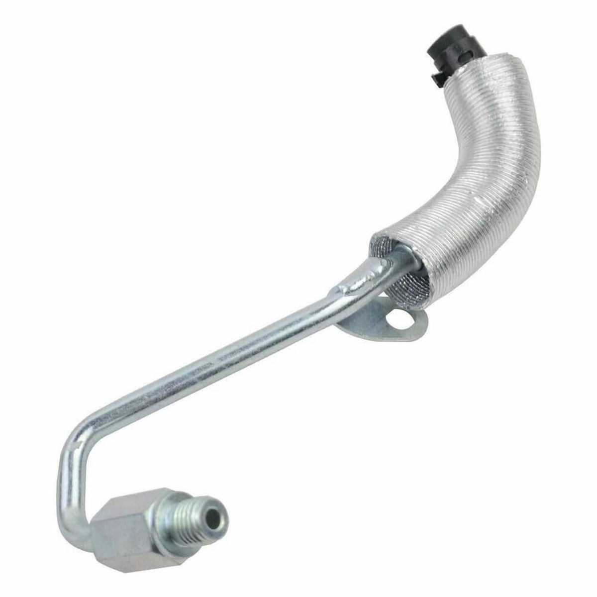 Turbo coolant return hose line with metal pipe fittings and clamp bracket