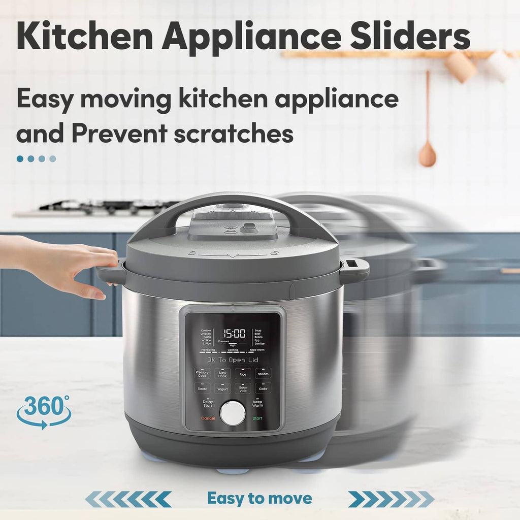 Kitchen appliance slider with round grey foot pads under electric pressure cooker