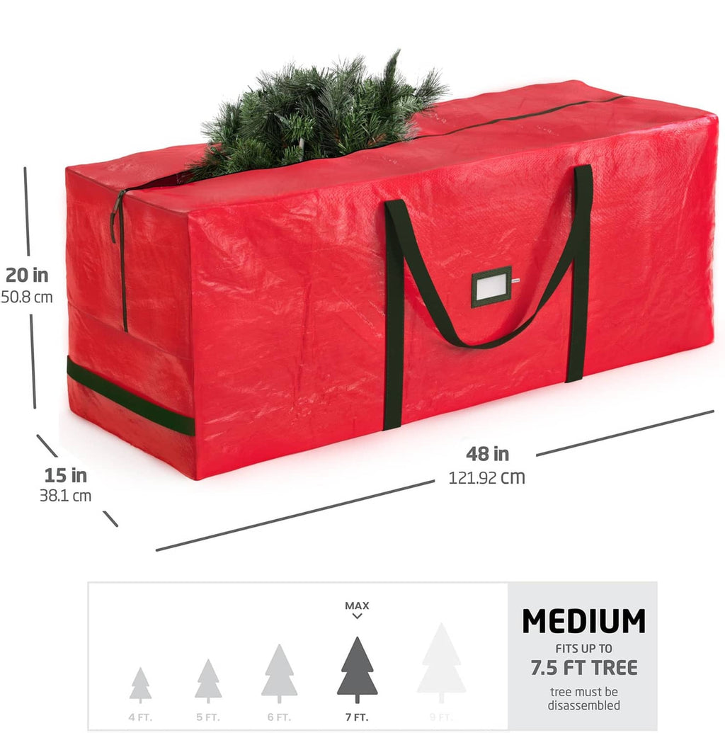 Red tree storage bag with green handles and label pocket; includes size dimension marks.