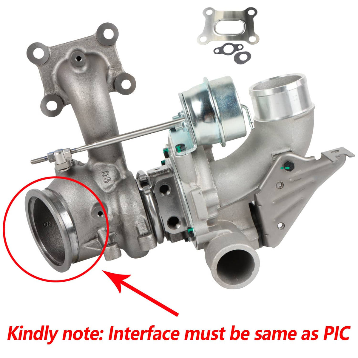 Turbocharger with actuator and compressor housing, shown from side view