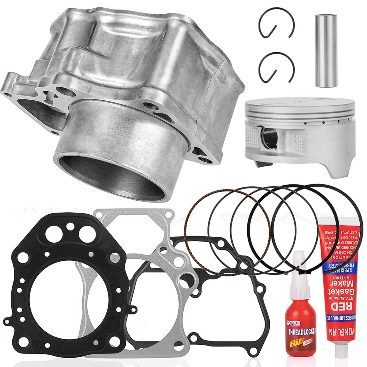 Cylinder piston rebuild kit components with cylinder block, piston, rings, gaskets, sealant