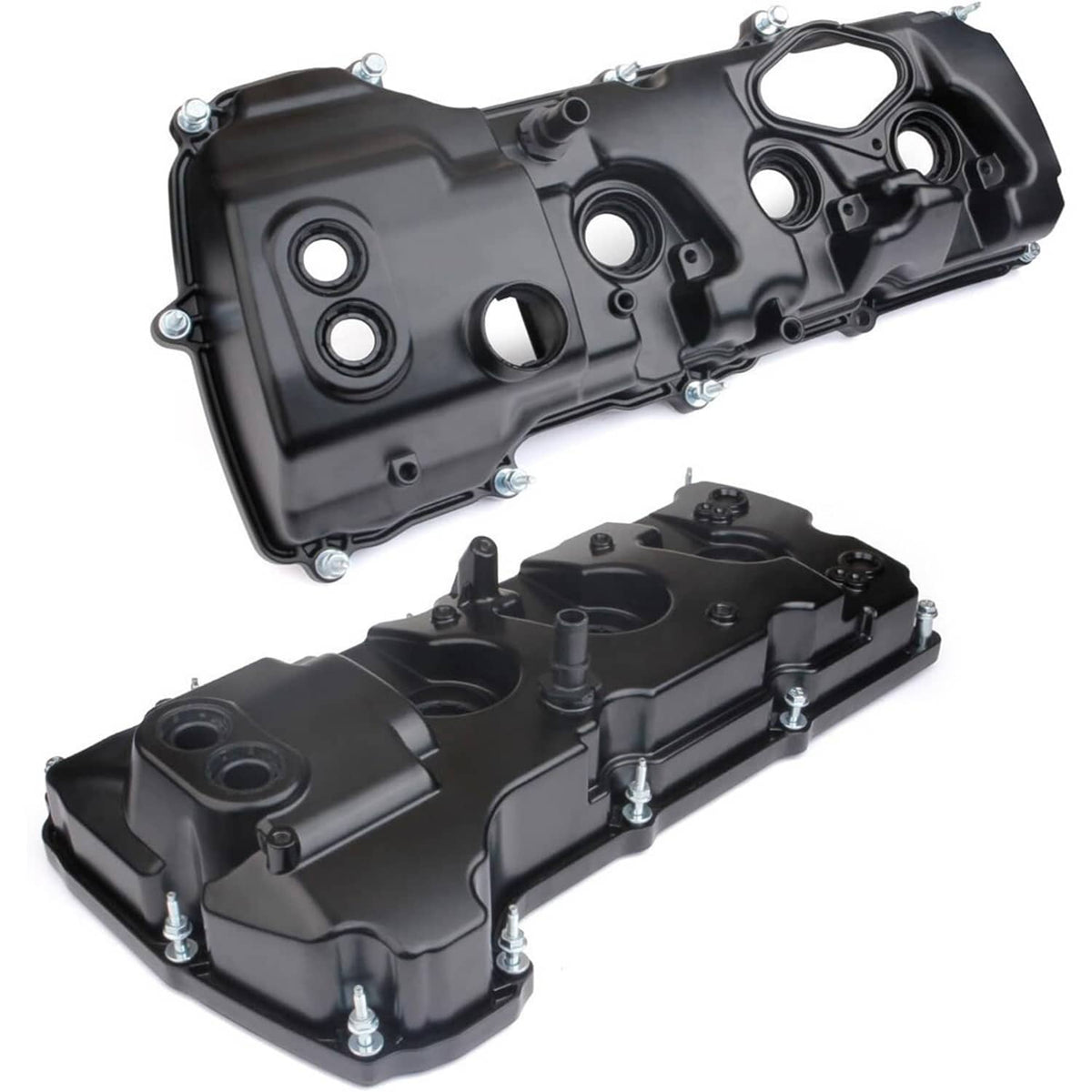 Black valve cover pair with molded ribs and round access openings