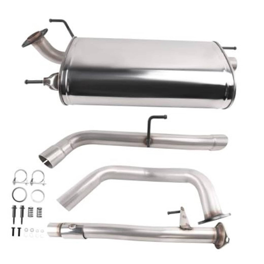 Stainless steel exhaust muffler with curved inlet/outlet and mounting hardware, replacement kit