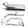 Stainless steel exhaust muffler with curved inlet/outlet and mounting hardware, replacement kit