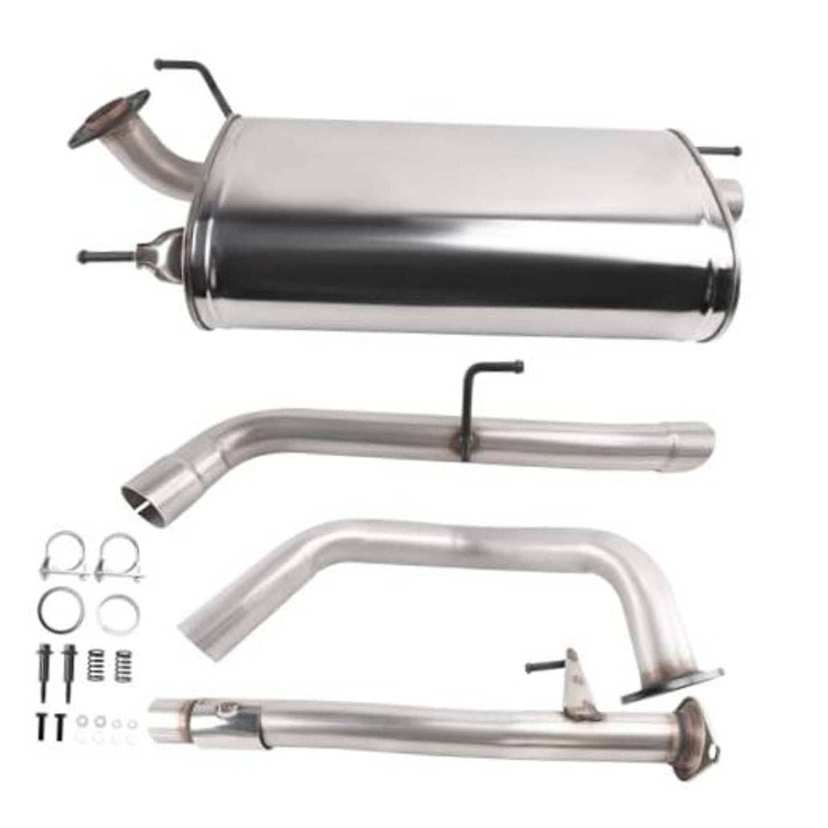 Stainless steel exhaust muffler with curved inlet/outlet and mounting hardware, replacement kit