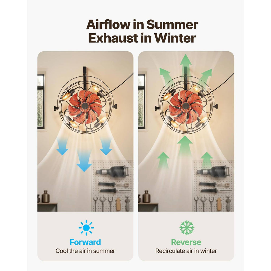 Wall-mounted fan with orange wood-look blades and 4 bulbs, airflow direction shown