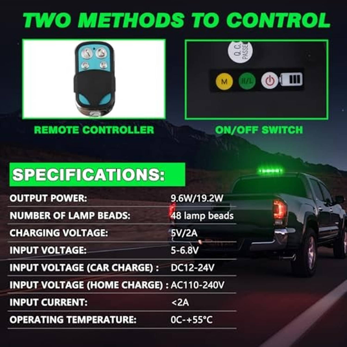 Green roof strobe light remote controller and on/off switch for control