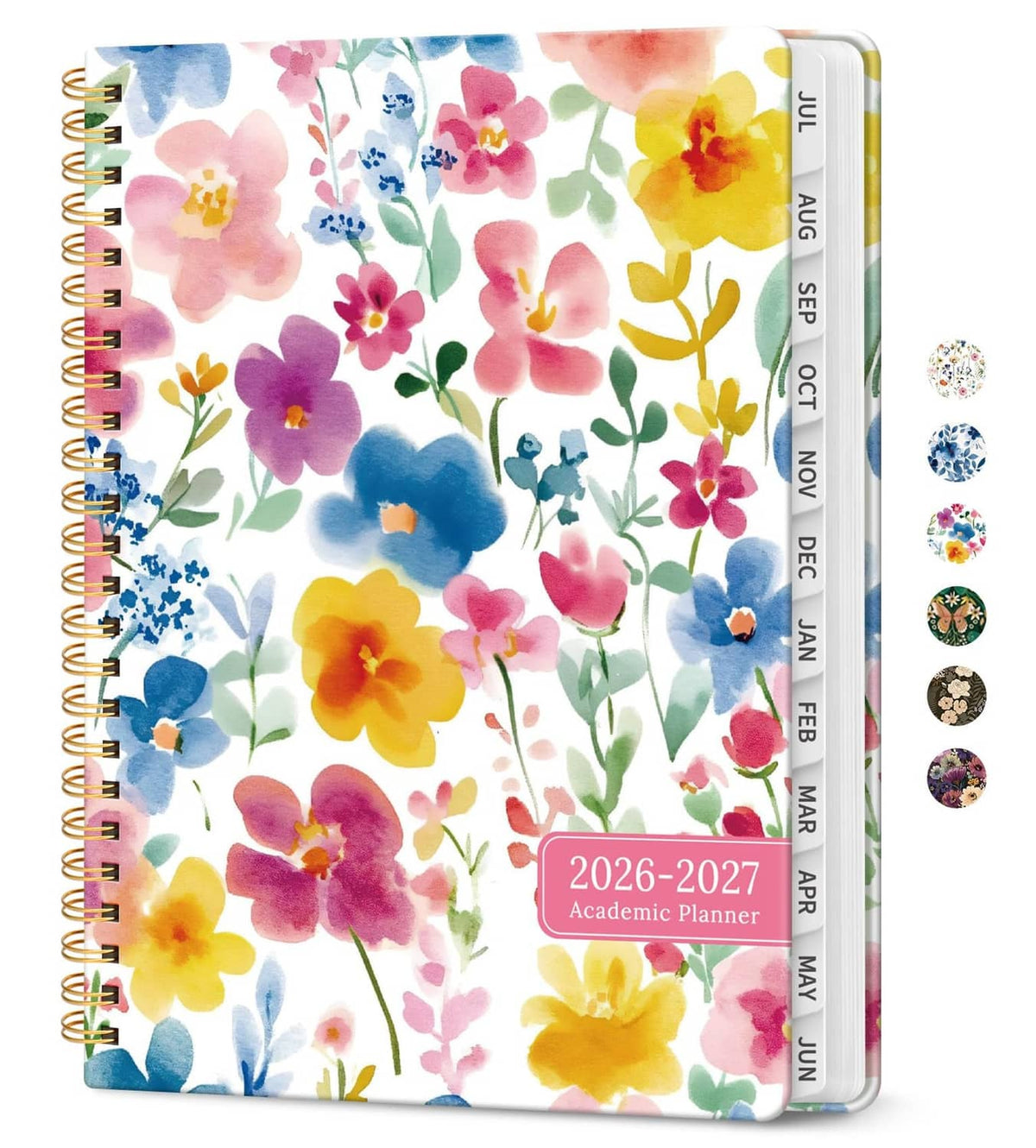 Floral academic planner cover with gold spiral binding and 2026–2027 dates