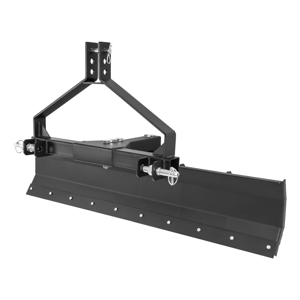 Black steel grading blade scraper with angled hitch frame and front latch hooks