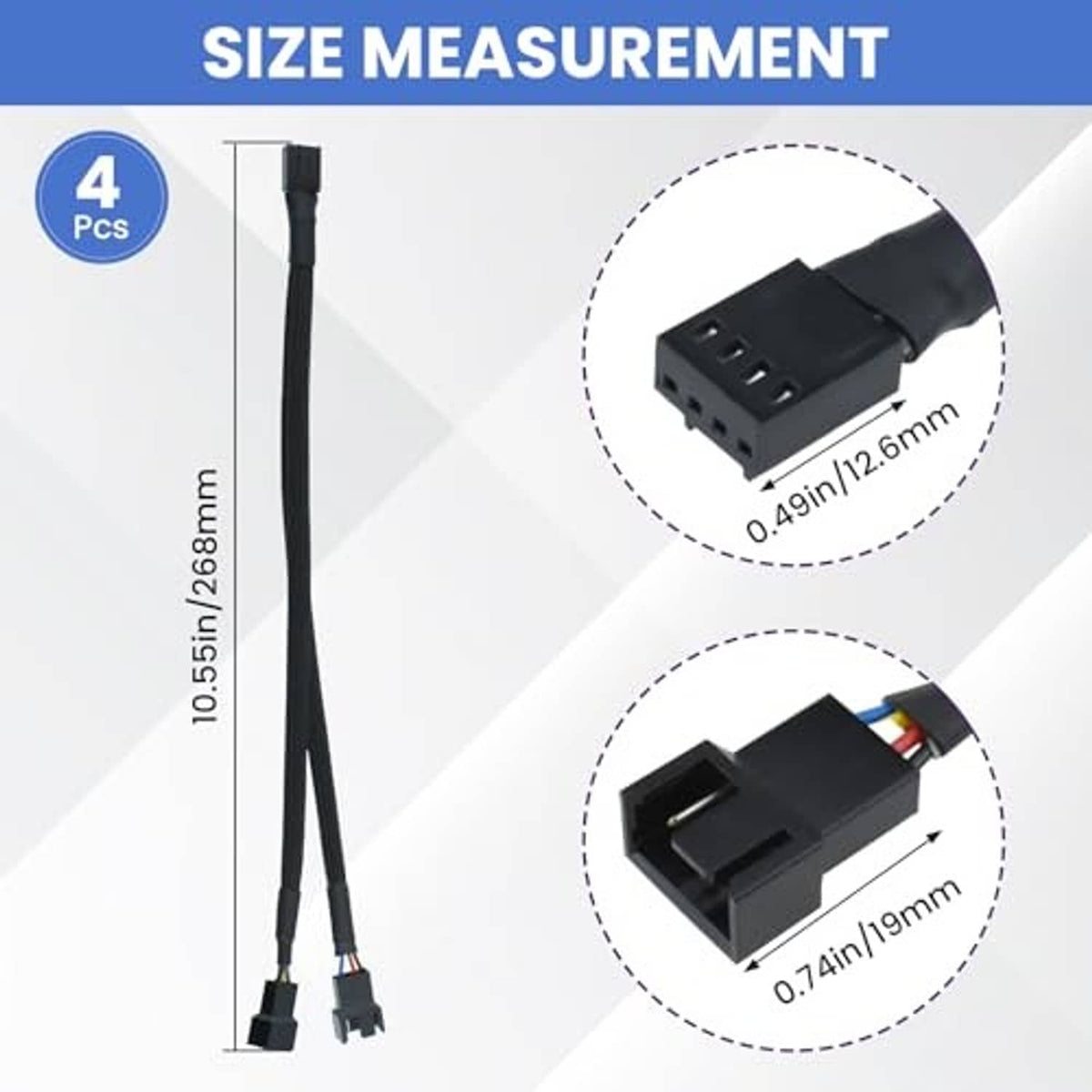 Black braided PWM fan splitter cable with two 4-pin connectors and length detail