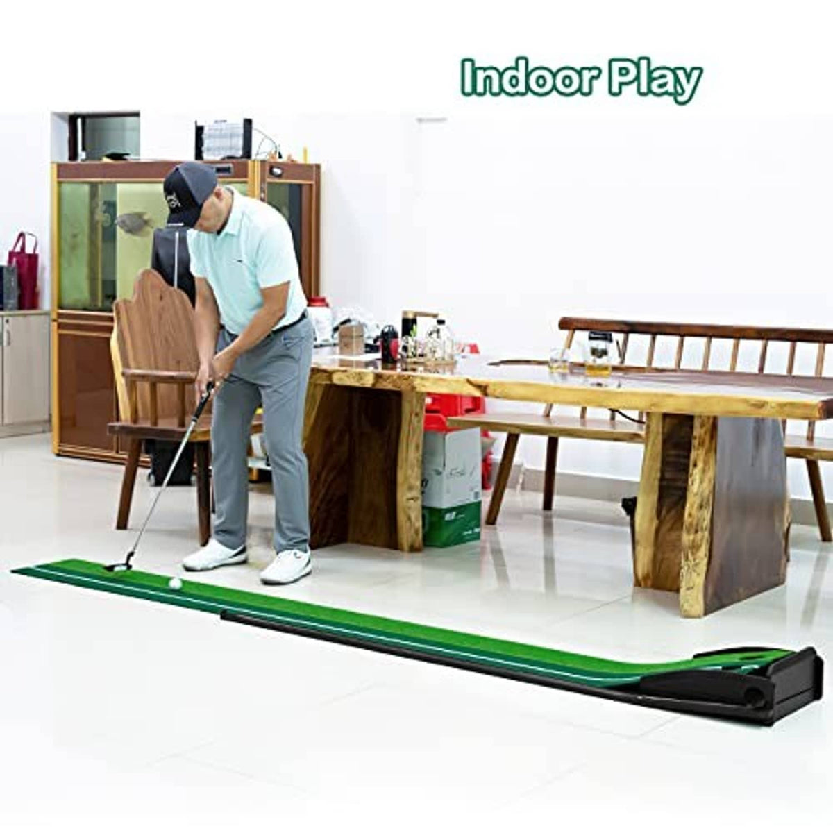 Indoor golf putting mat with green playing surface and black base for putting drills