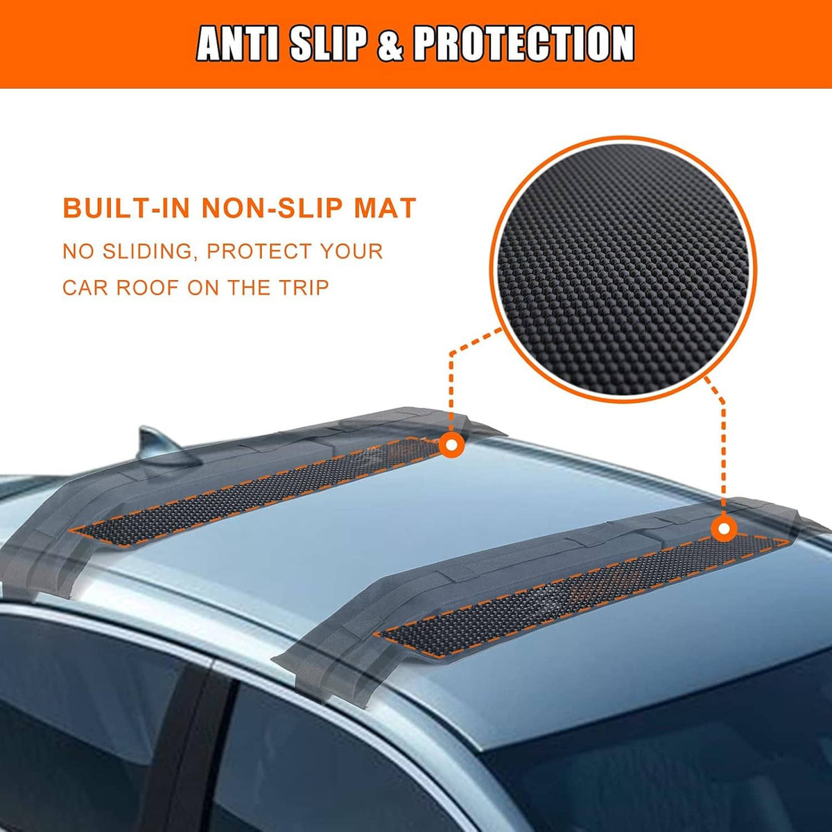 Soft roof rack pads with built-in non-slip textured mat and raised strap anchor points