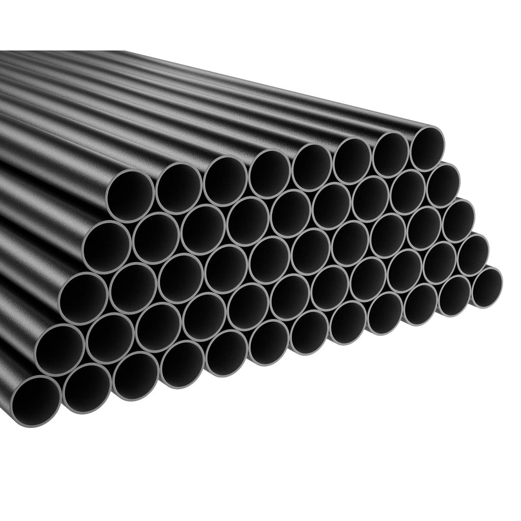 Black 3/4 in round aluminum deck baluster tubes, close-up bundled spindles