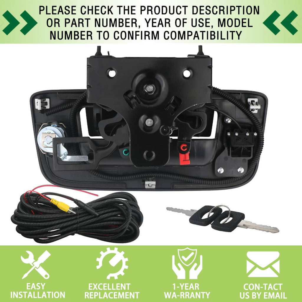 Black tailgate handle camera assembly with lens, wiring, and key set