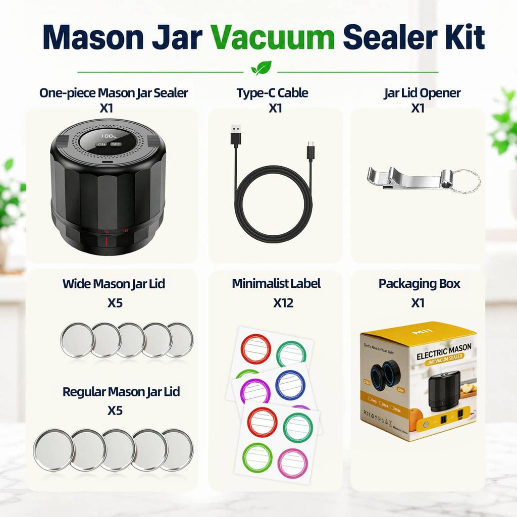 Electric mason jar vacuum sealer kit contents: unit, cable, lid opener, extra lids