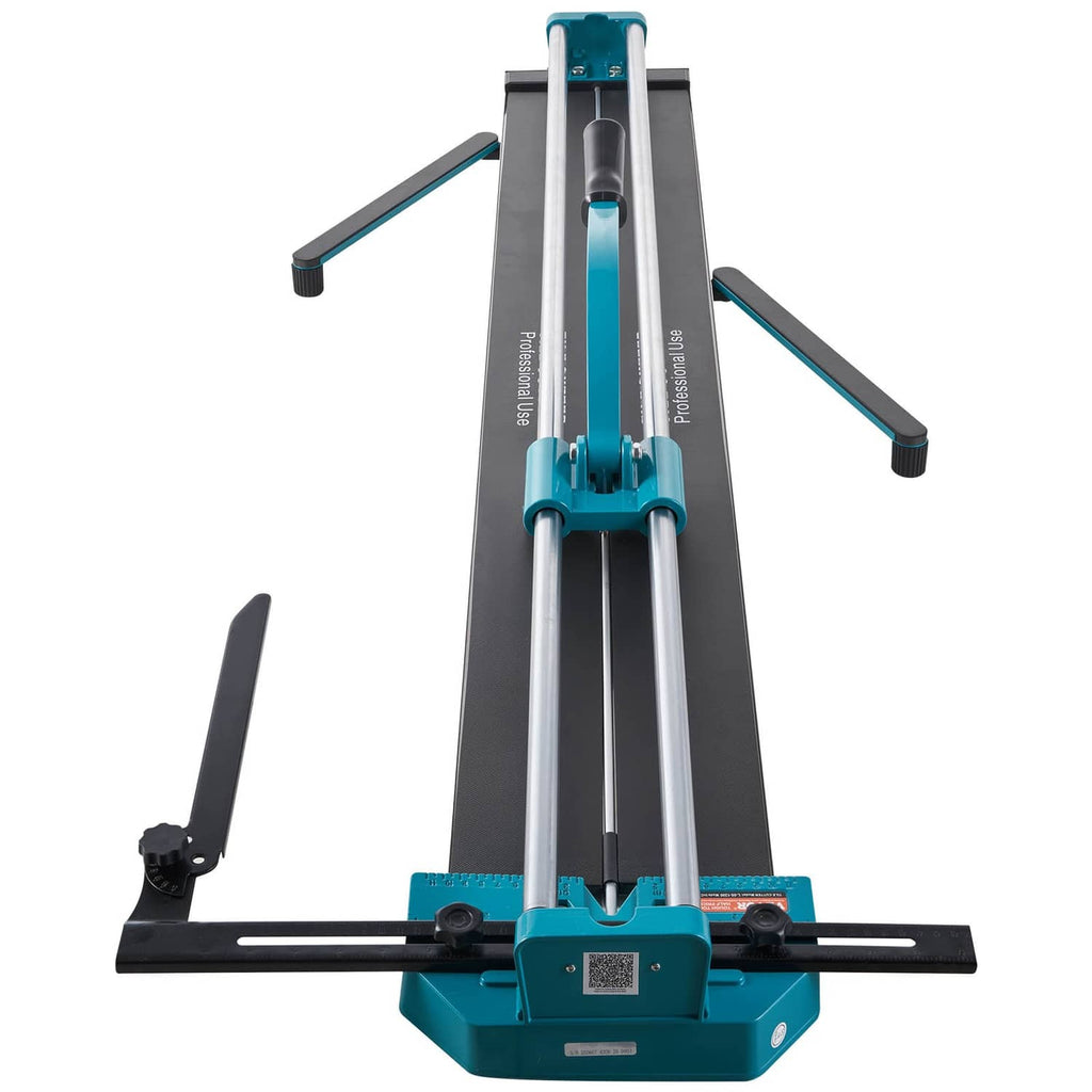 Manual tile cutter with laser guide, teal and black base with cutting rails