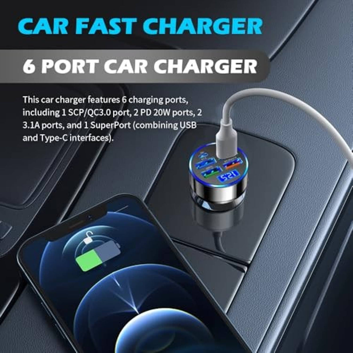 Car fast charger adapter plugged into a dashboard socket with blue LED voltage